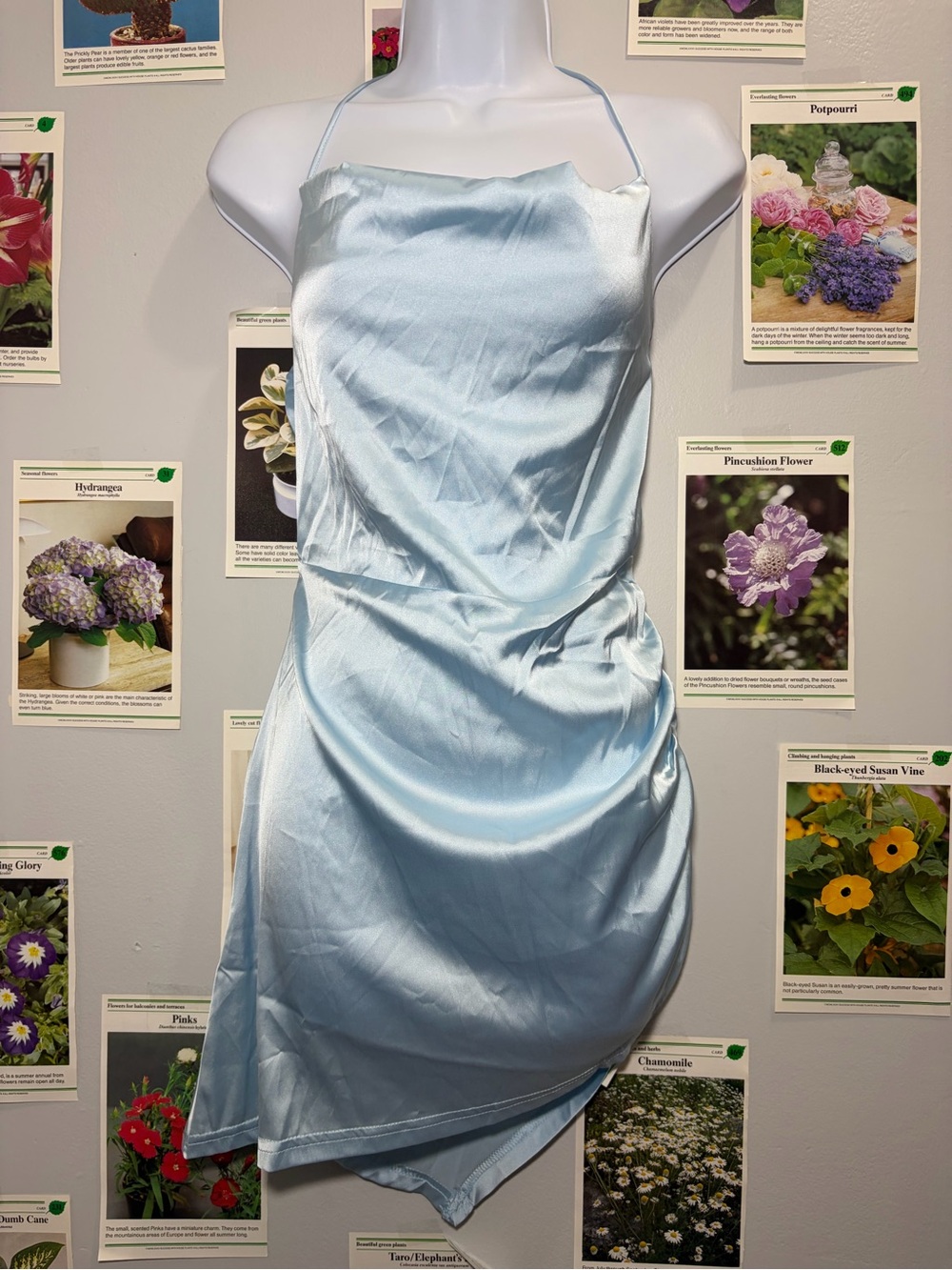 Cider Light Blue Satin Halter Mini Dress